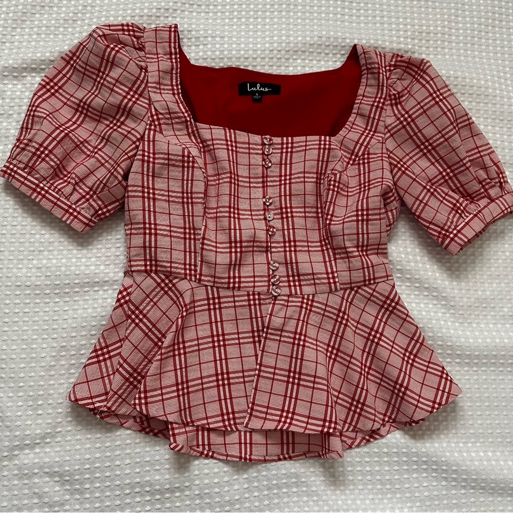 Lulu's Women's Cheer Up Red Plaid Puff Sleeve Button-Up Peplum Top Sz- Small